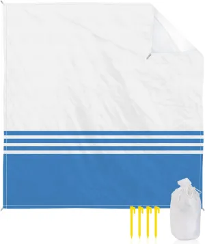 Beach Blanket Blue White Stripes Geometry Sandproof Waterproof Beach Mat Modern Minimalist Sand Free Mat Quick Drying Beach Essentials for Vacation Lightweight with 4 Stakes & Corner Pockets 118"x108"