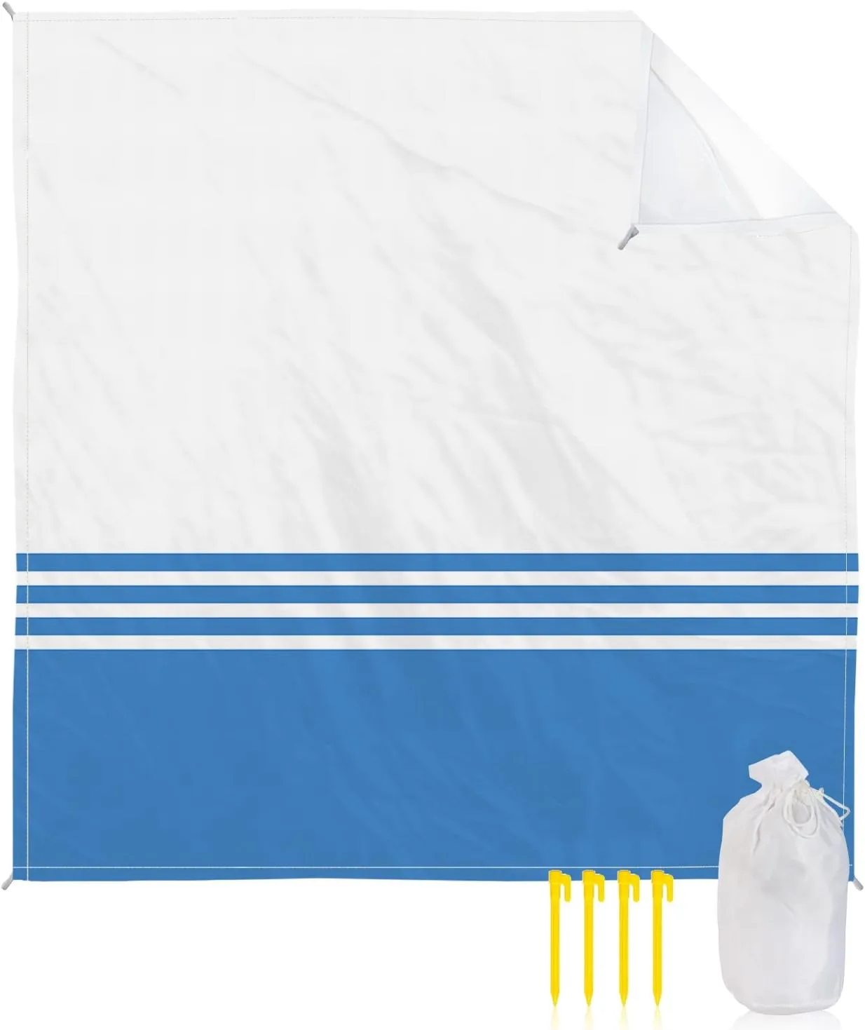 Beach Blanket Blue White Stripes Geometry Sandproof Waterproof Beach Mat Modern Minimalist Sand Free Mat Quick Drying Beach Essentials for Vacation Lightweight with 4 Stakes & Corner Pockets 118"x108"