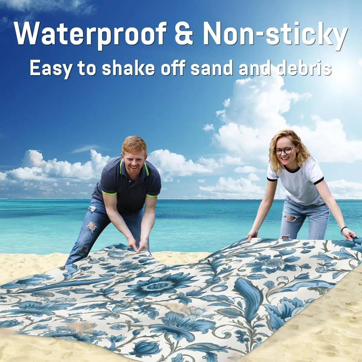Beach Blanket, Boho Sandproof Beach Mat, Waterproof Quick Drying Sand Free Mat with 4 x Ground Spikes for Outdoor Travel Camping Hiking, Aztec 68 x 59 in