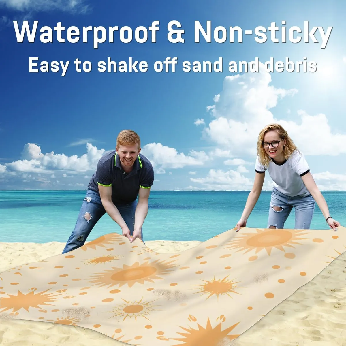 Beach Blanket, Boho Sun Sandproof Beach Mat, Waterproof Quick Drying Sand Free Mat with 4 x Ground Spikes for Outdoor Travel Camping Hiking, Sun Design 68 x 59 in