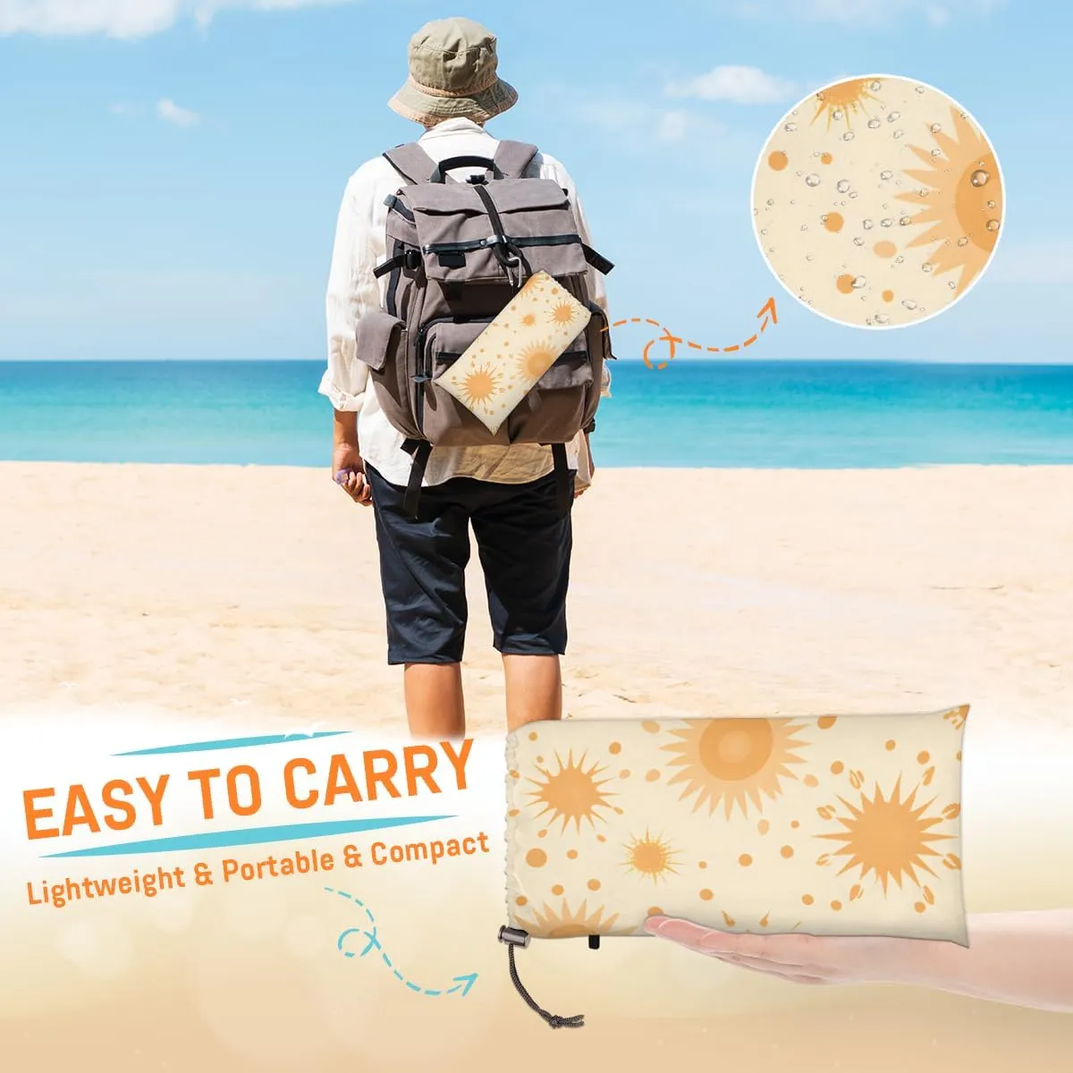 Beach Blanket, Boho Sun Sandproof Beach Mat, Waterproof Quick Drying Sand Free Mat with 4 x Ground Spikes for Outdoor Travel Camping Hiking, Sun Design 68 x 59 in