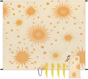 Beach Blanket, Boho Sun Sandproof Beach Mat, Waterproof Quick Drying Sand Free Mat with 4 x Ground Spikes for Outdoor Travel Camping Hiking, Sun Design 68 x 59 in