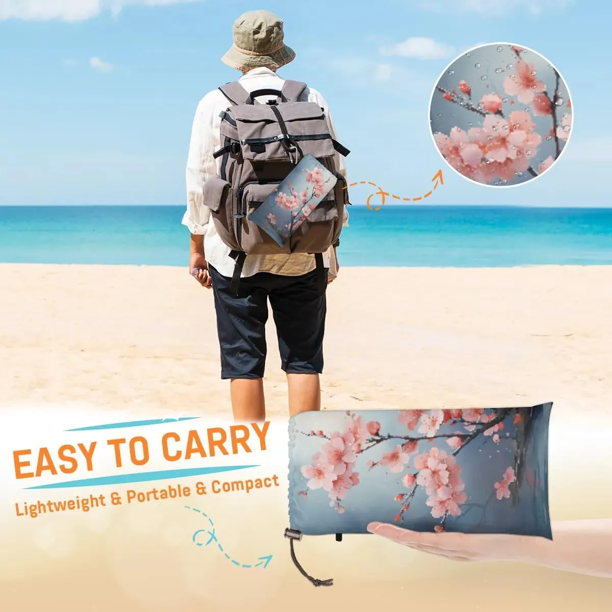 Beach Blanket, Cherry Blossoms Spring Sandproof Beach Mat, Waterproof Quick Drying Sand Free Mat with 4 x Ground Spikes for Outdoor Travel Camping Hiking, Japanese Flower 68 x 59 in