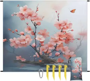 Beach Blanket, Cherry Blossoms Spring Sandproof Beach Mat, Waterproof Quick Drying Sand Free Mat with 4 x Ground Spikes for Outdoor Travel Camping Hiking, Japanese Flower 68 x 59 in
