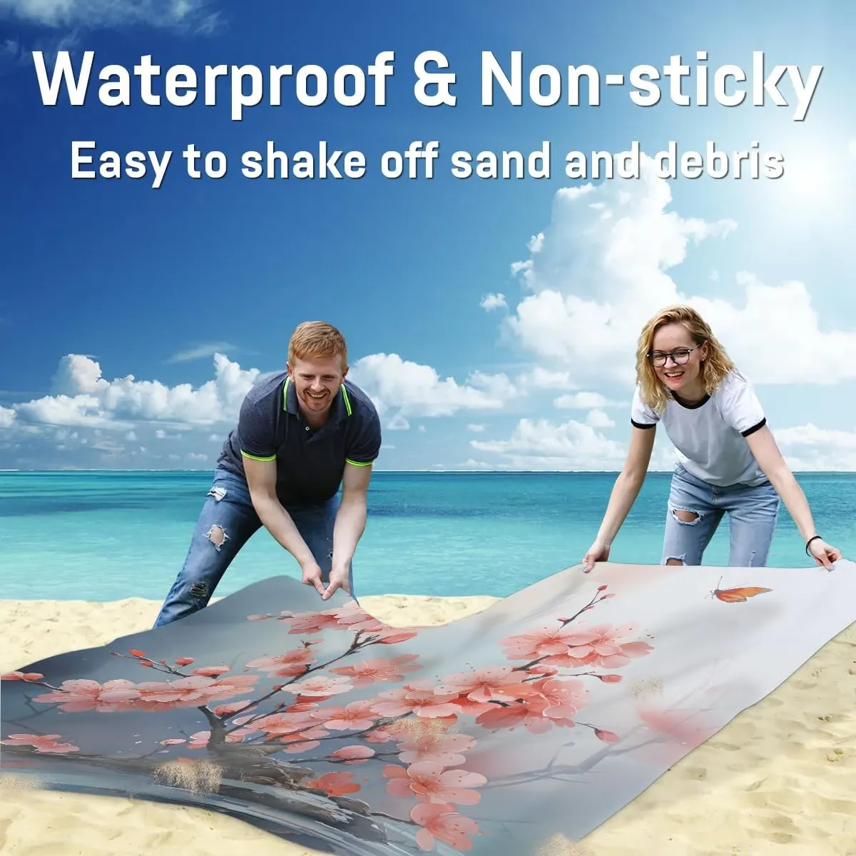 Beach Blanket, Cherry Blossoms Spring Sandproof Beach Mat, Waterproof Quick Drying Sand Free Mat with 4 x Ground Spikes for Outdoor Travel Camping Hiking, Japanese Flower 68 x 59 in