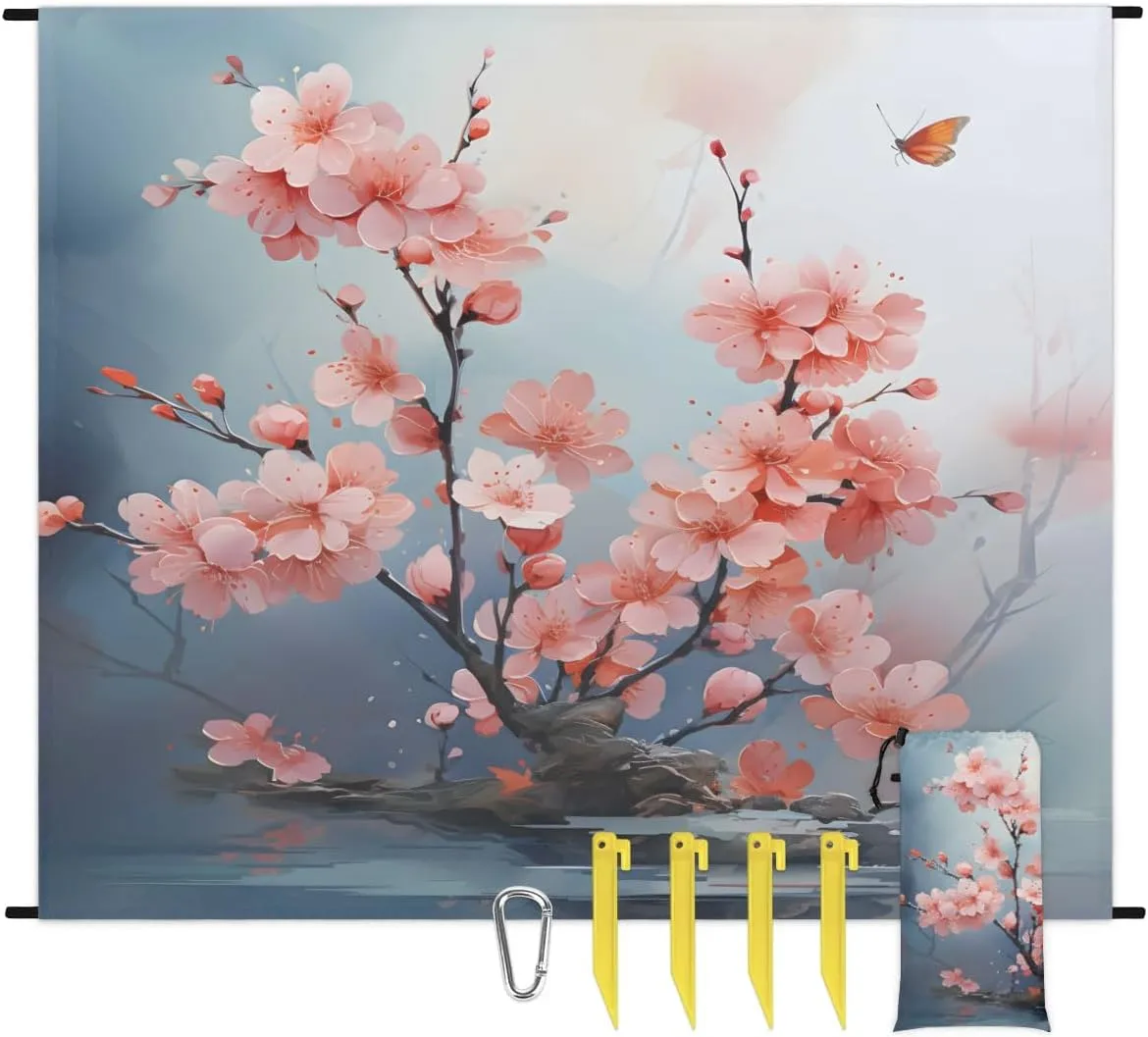 Beach Blanket, Cherry Blossoms Spring Sandproof Beach Mat, Waterproof Quick Drying Sand Free Mat with 4 x Ground Spikes for Outdoor Travel Camping Hiking, Japanese Flower 68 x 59 in