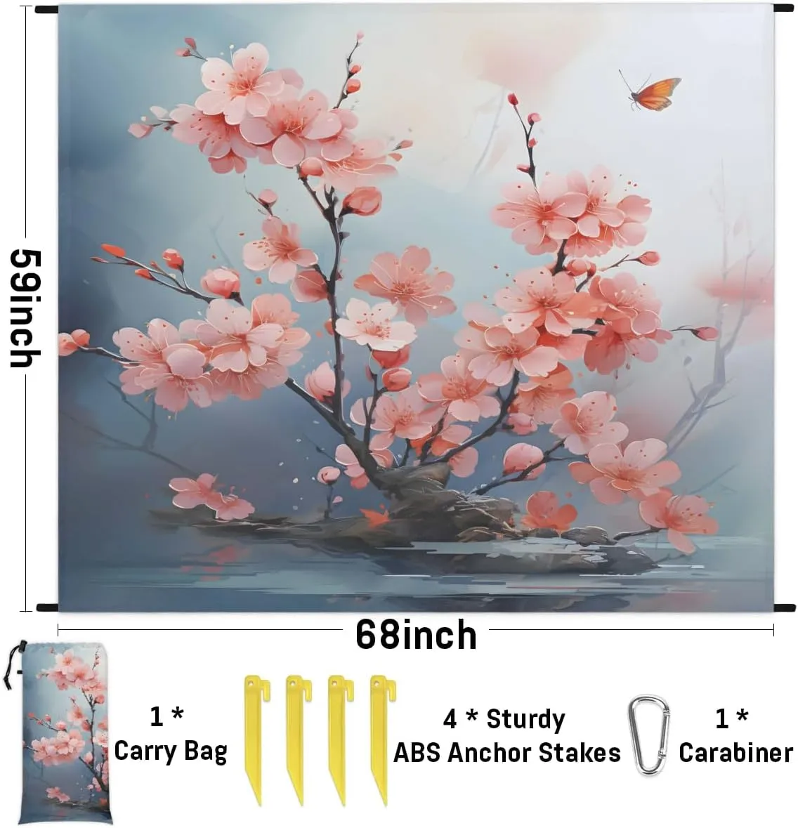 Beach Blanket, Cherry Blossoms Spring Sandproof Beach Mat, Waterproof Quick Drying Sand Free Mat with 4 x Ground Spikes for Outdoor Travel Camping Hiking, Japanese Flower 68 x 59 in