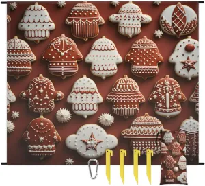 Beach Blanket, Christmas Gingerbread Sandproof Beach Mat, Waterproof Quick Drying Sand Free Mat with 4 x Ground Spikes for Outdoor Travel Camping Hiking, Cookies 68 x 59 in