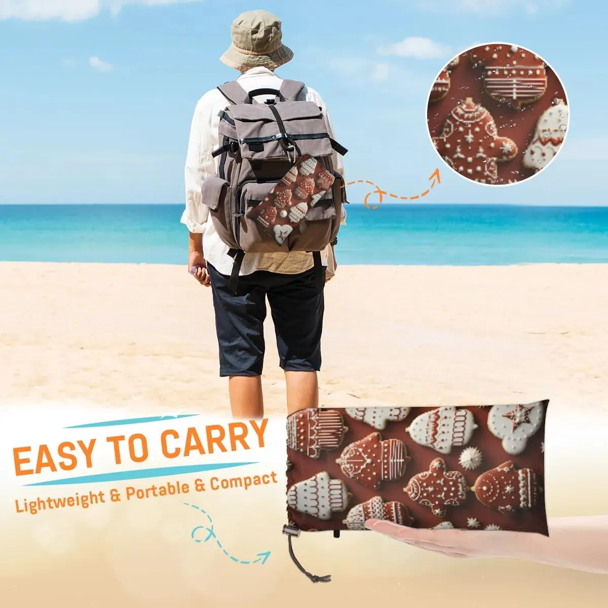 Beach Blanket, Christmas Gingerbread Sandproof Beach Mat, Waterproof Quick Drying Sand Free Mat with 4 x Ground Spikes for Outdoor Travel Camping Hiking, Cookies 68 x 59 in