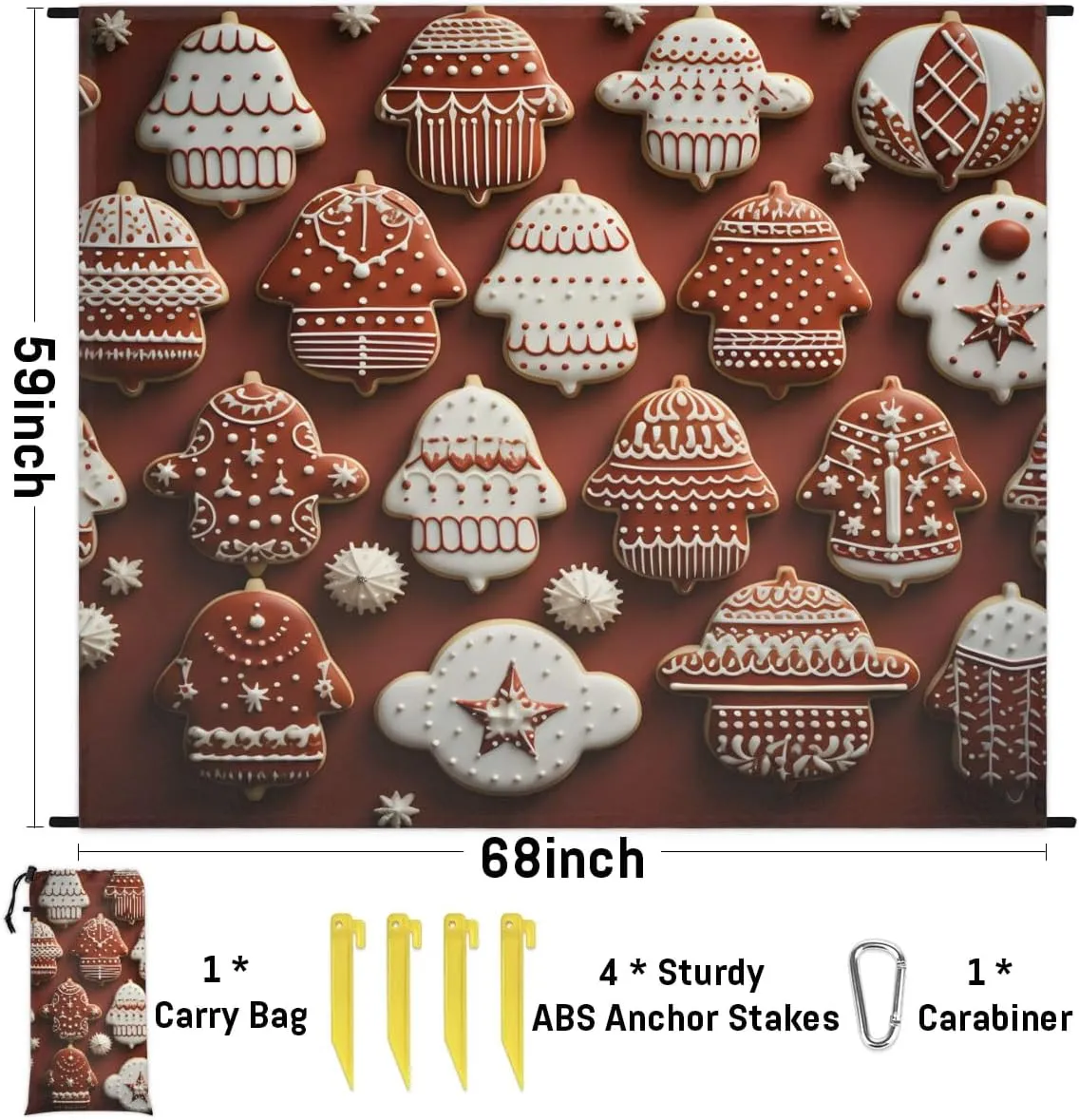 Beach Blanket, Christmas Gingerbread Sandproof Beach Mat, Waterproof Quick Drying Sand Free Mat with 4 x Ground Spikes for Outdoor Travel Camping Hiking, Cookies 68 x 59 in