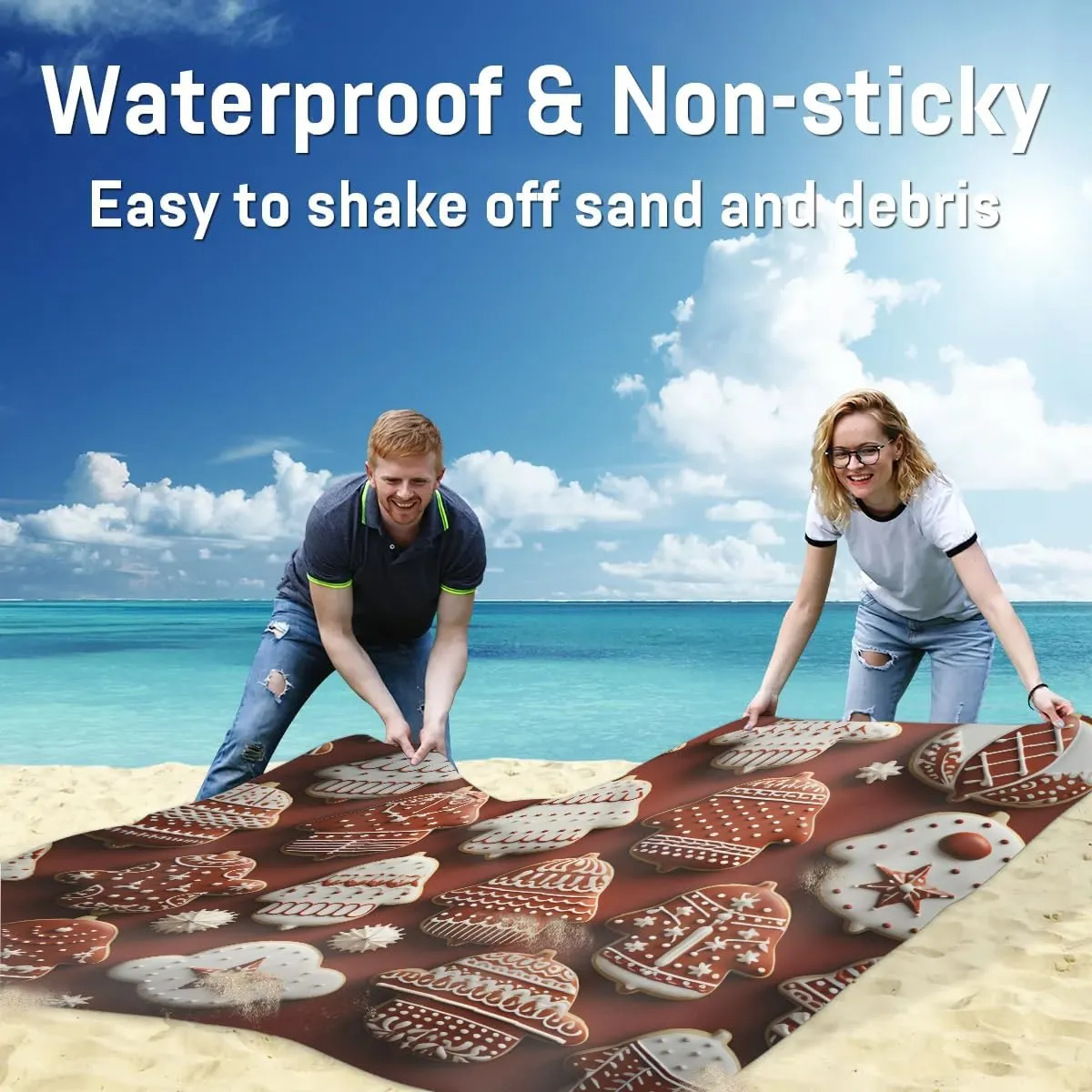 Beach Blanket, Christmas Gingerbread Sandproof Beach Mat, Waterproof Quick Drying Sand Free Mat with 4 x Ground Spikes for Outdoor Travel Camping Hiking, Cookies 68 x 59 in