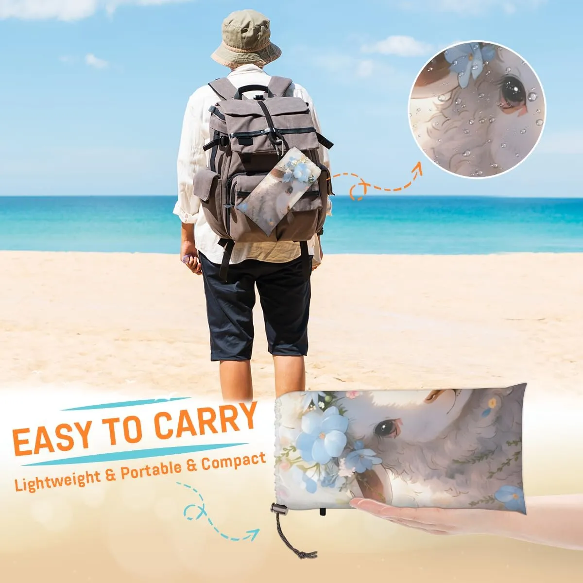 Beach Blanket, Cute Alpaca Sandproof Beach Mat, Waterproof Quick Drying Sand Free Mat with 4 x Ground Spikes for Outdoor Travel Camping Hiking, Cartoon Alpaca Llama 68 x 59 in