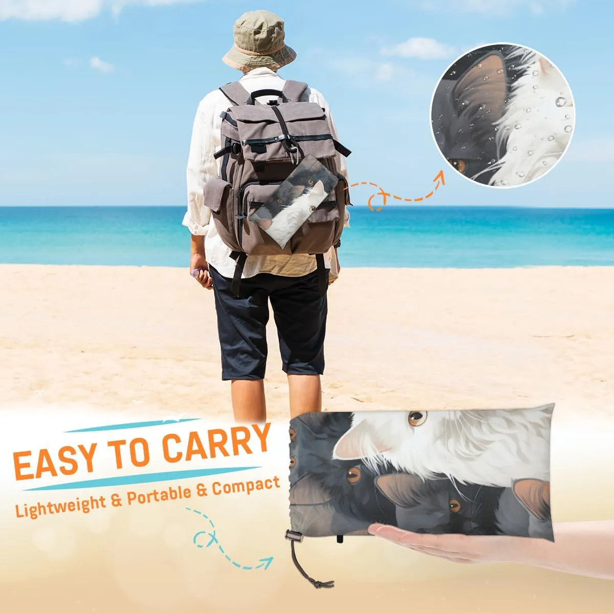 Beach Blanket, Cute Cat Sandproof Beach Mat, Waterproof Quick Drying Sand Free Mat with 4 x Ground Spikes for Outdoor Travel Camping Hiking, White Cat 68 x 59 in