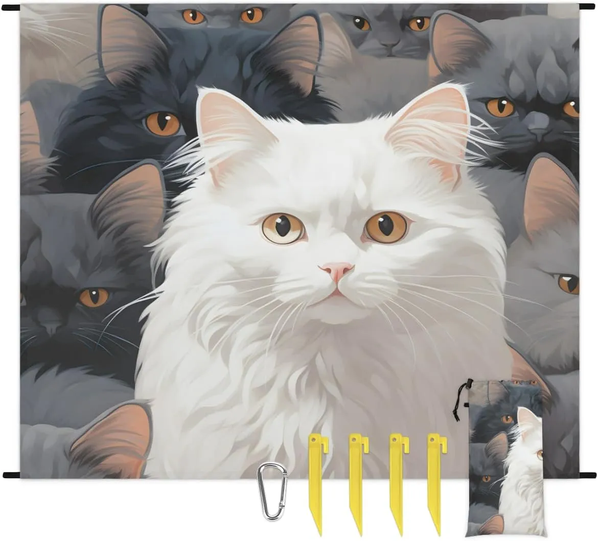 Beach Blanket, Cute Cat Sandproof Beach Mat, Waterproof Quick Drying Sand Free Mat with 4 x Ground Spikes for Outdoor Travel Camping Hiking, White Cat 68 x 59 in