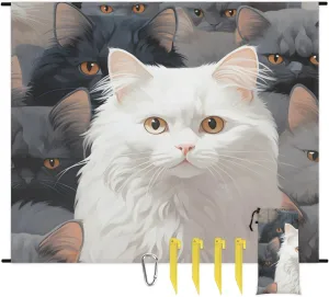 Beach Blanket, Cute Cat Sandproof Beach Mat, Waterproof Quick Drying Sand Free Mat with 4 x Ground Spikes for Outdoor Travel Camping Hiking, White Cat 68 x 59 in