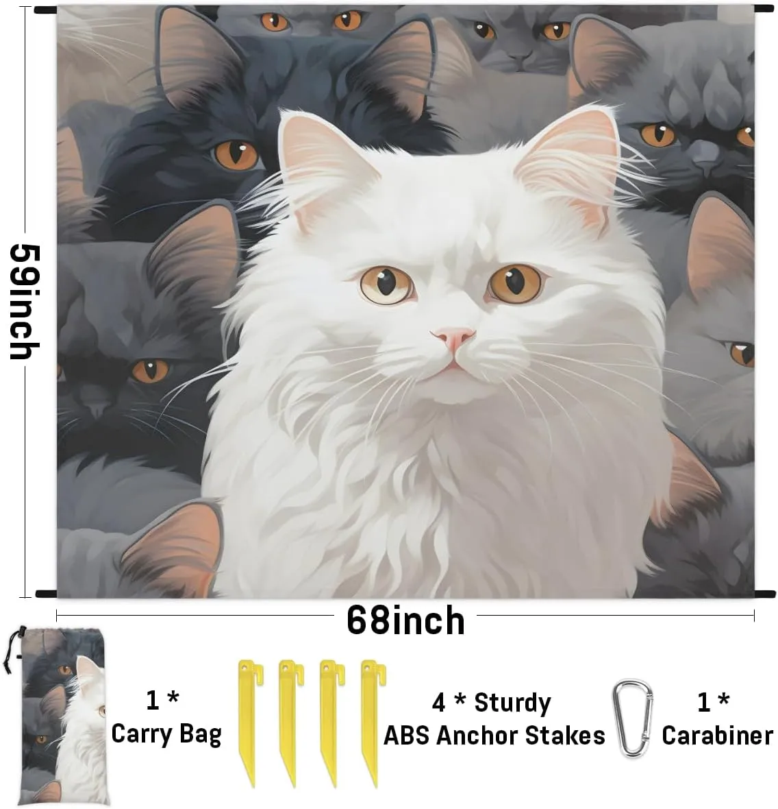 Beach Blanket, Cute Cat Sandproof Beach Mat, Waterproof Quick Drying Sand Free Mat with 4 x Ground Spikes for Outdoor Travel Camping Hiking, White Cat 68 x 59 in
