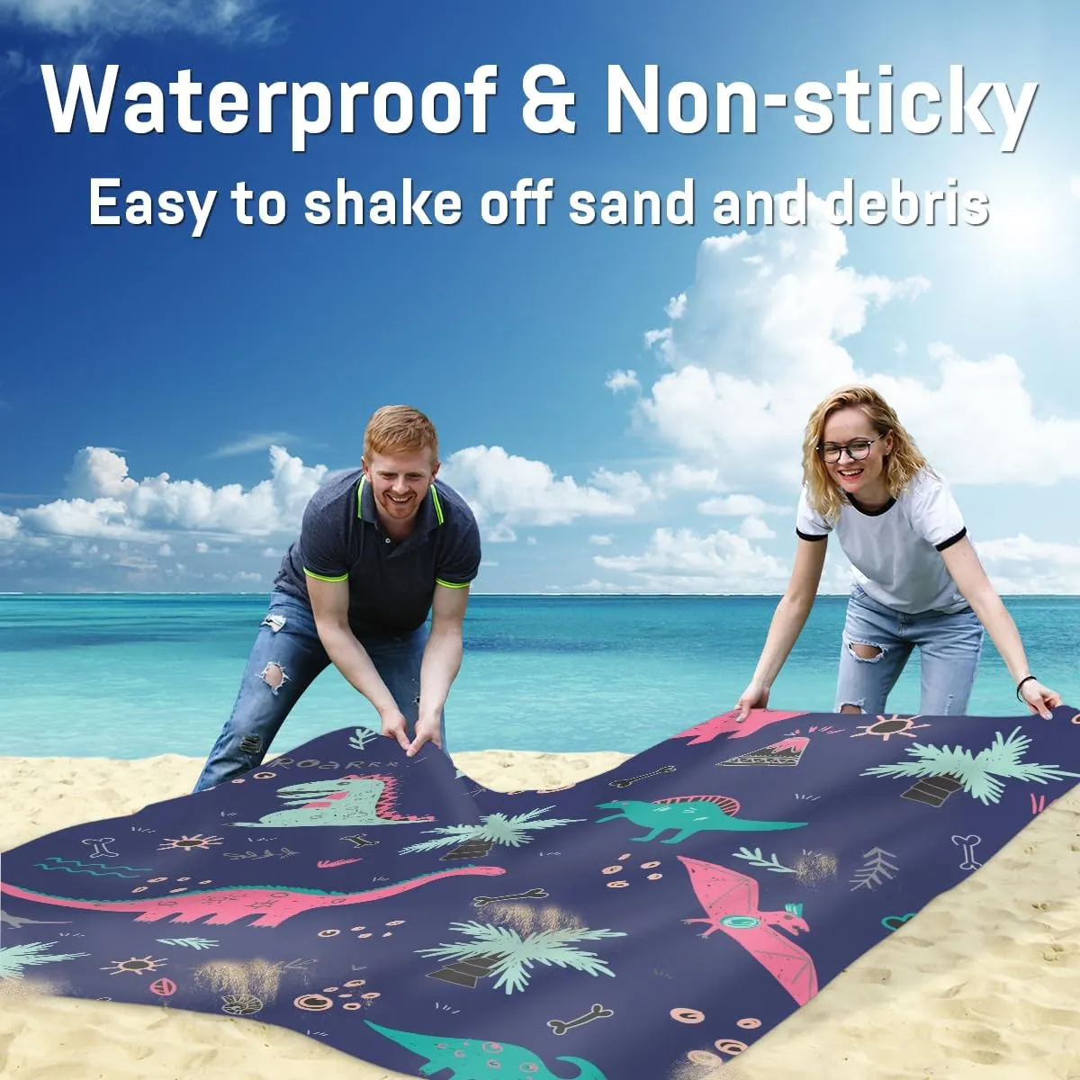 Beach Blanket, Cute Dinosaur Sandproof Beach Mat, Waterproof Quick Drying Sand Free Mat with 4 x Ground Spikes for Outdoor Travel Camping Hiking, Animals 68 x 59 in