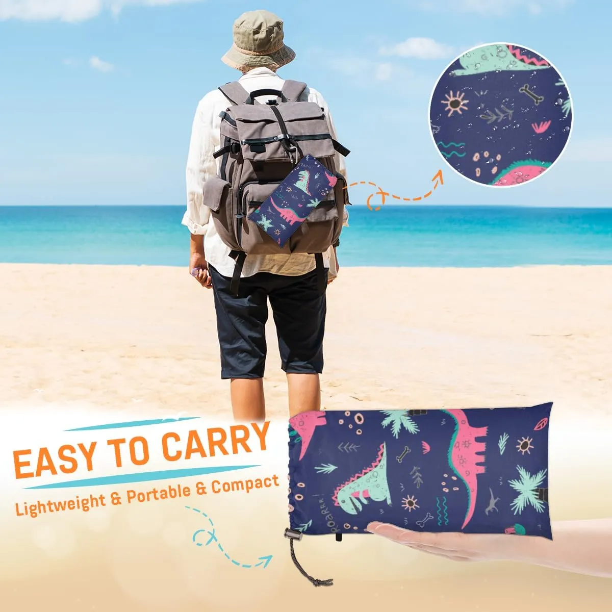 Beach Blanket, Cute Dinosaur Sandproof Beach Mat, Waterproof Quick Drying Sand Free Mat with 4 x Ground Spikes for Outdoor Travel Camping Hiking, Animals 68 x 59 in