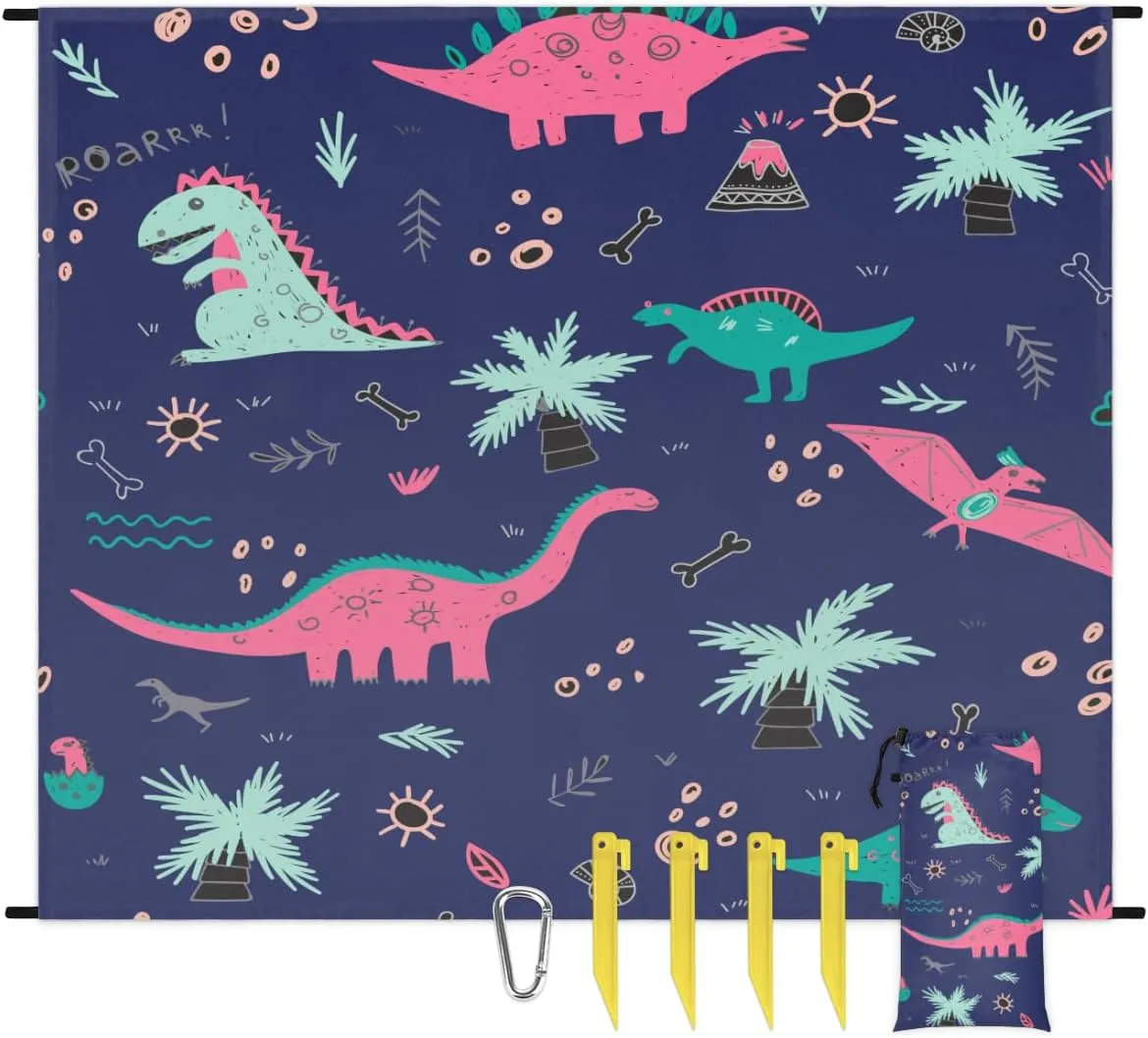 Beach Blanket, Cute Dinosaur Sandproof Beach Mat, Waterproof Quick Drying Sand Free Mat with 4 x Ground Spikes for Outdoor Travel Camping Hiking, Animals 68 x 59 in