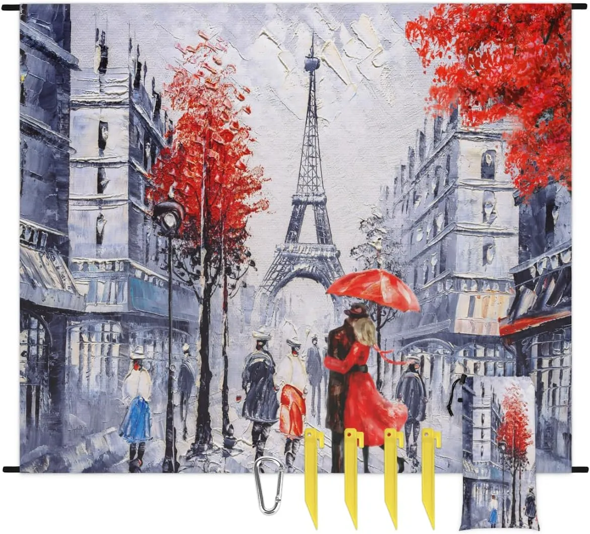 Beach Blanket, Eiffel Tower Sandproof Beach Mat, Waterproof Quick Drying Sand Free Mat with 4 x Ground Spikes for Outdoor Travel Camping Hiking, Sided Street 68 x 59 in