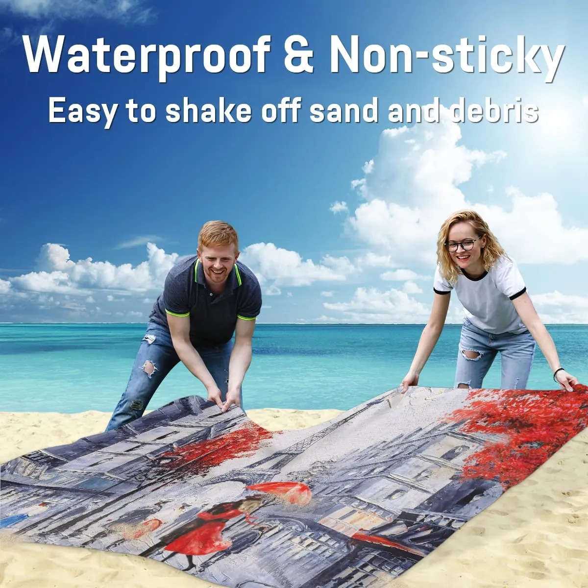 Beach Blanket, Eiffel Tower Sandproof Beach Mat, Waterproof Quick Drying Sand Free Mat with 4 x Ground Spikes for Outdoor Travel Camping Hiking, Sided Street 68 x 59 in