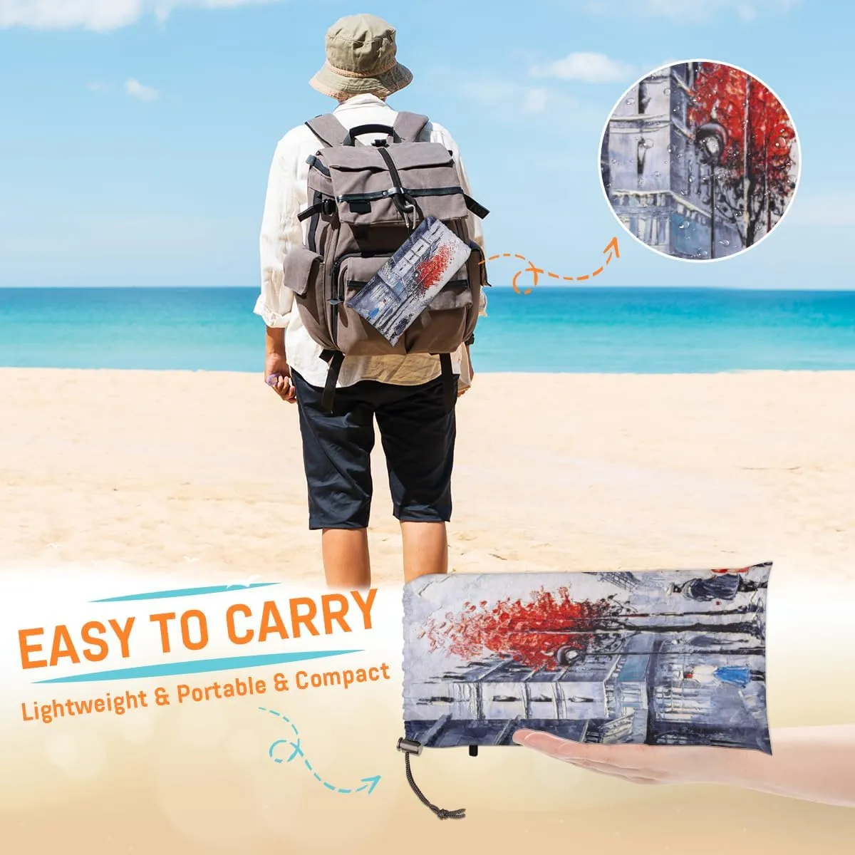 Beach Blanket, Eiffel Tower Sandproof Beach Mat, Waterproof Quick Drying Sand Free Mat with 4 x Ground Spikes for Outdoor Travel Camping Hiking, Sided Street 68 x 59 in