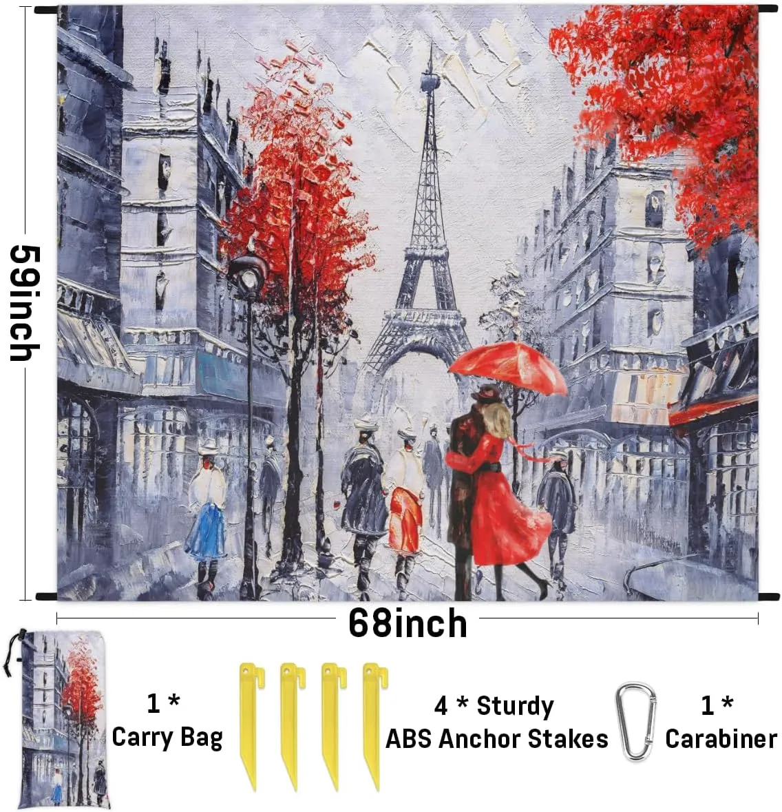 Beach Blanket, Eiffel Tower Sandproof Beach Mat, Waterproof Quick Drying Sand Free Mat with 4 x Ground Spikes for Outdoor Travel Camping Hiking, Sided Street 68 x 59 in