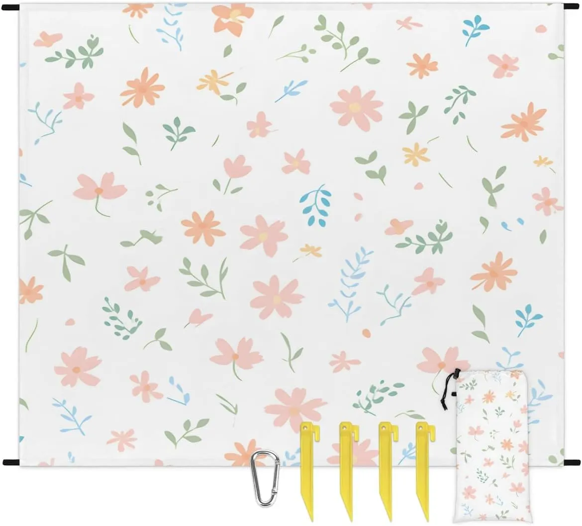 Beach Blanket, Eucalyptus Leaves Daisy Sandproof Beach Mat, Waterproof Quick Drying Sand Free Mat with 4 x Ground Spikes for Outdoor Travel Camping Hiking, Spring Floral 68 x 59 in