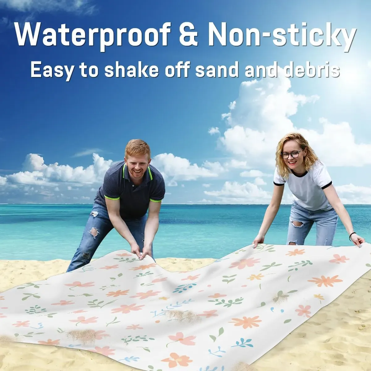 Beach Blanket, Eucalyptus Leaves Daisy Sandproof Beach Mat, Waterproof Quick Drying Sand Free Mat with 4 x Ground Spikes for Outdoor Travel Camping Hiking, Spring Floral 68 x 59 in