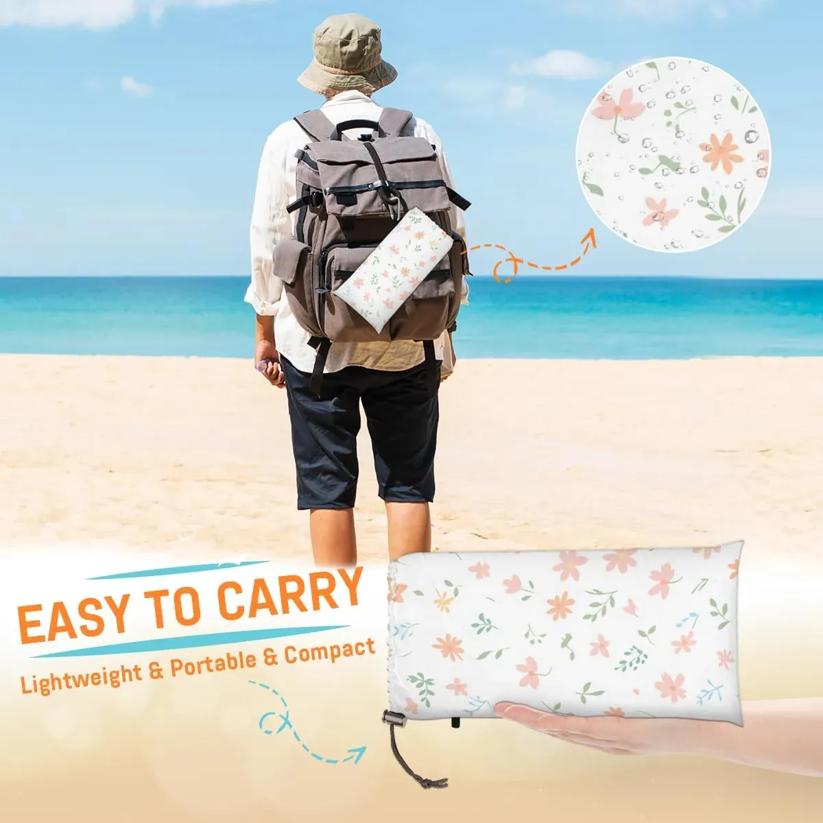Beach Blanket, Eucalyptus Leaves Daisy Sandproof Beach Mat, Waterproof Quick Drying Sand Free Mat with 4 x Ground Spikes for Outdoor Travel Camping Hiking, Spring Floral 68 x 59 in