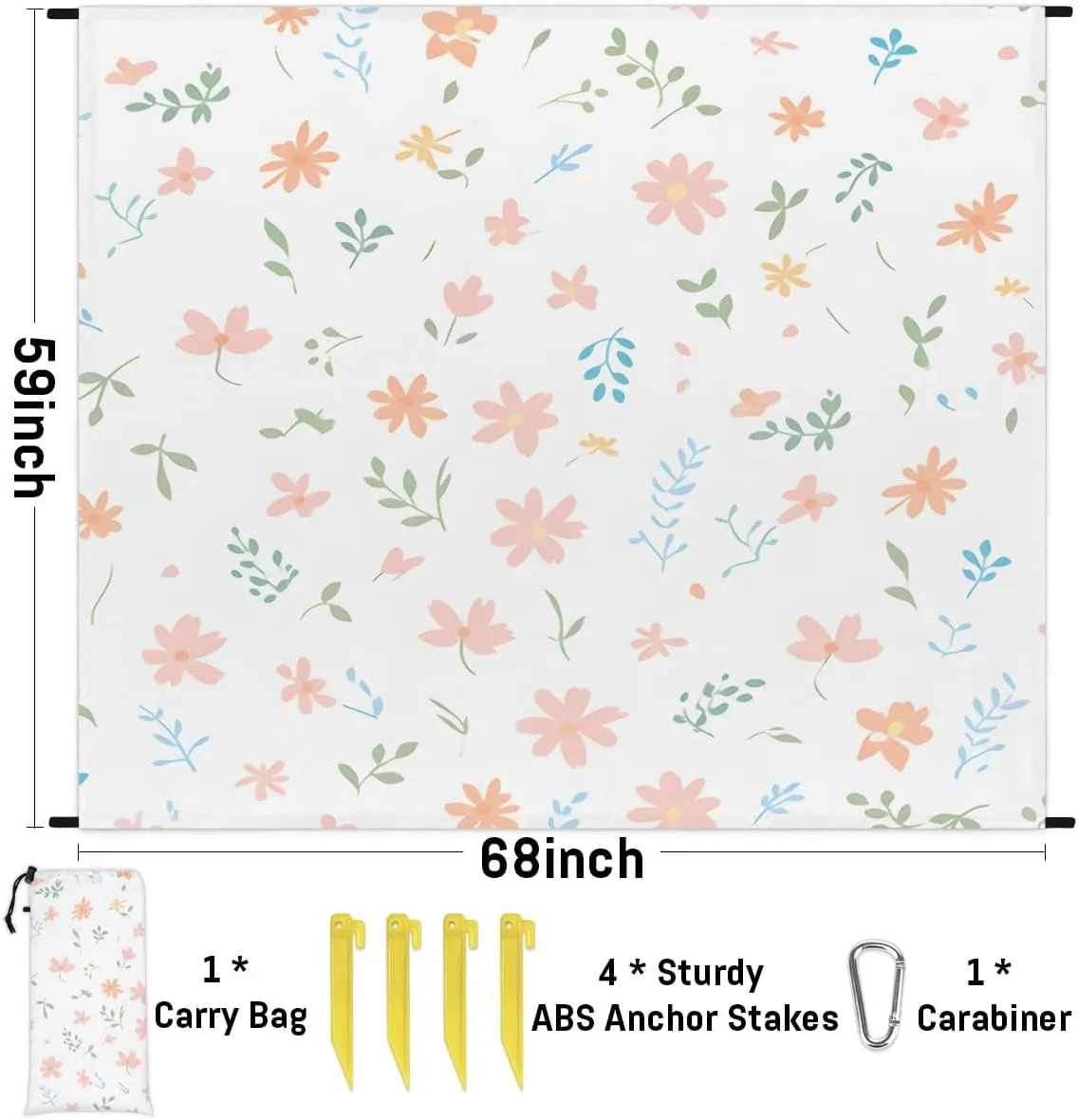 Beach Blanket, Eucalyptus Leaves Daisy Sandproof Beach Mat, Waterproof Quick Drying Sand Free Mat with 4 x Ground Spikes for Outdoor Travel Camping Hiking, Spring Floral 68 x 59 in