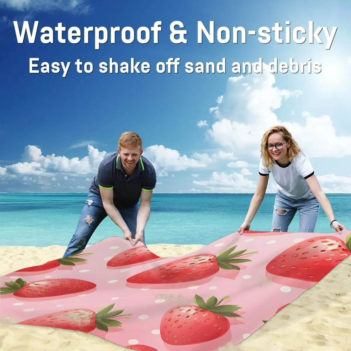 Beach Blanket, Fruits Sandproof Beach Mat, Waterproof Quick Drying Sand Free Mat with 4 x Ground Spikes for Outdoor Travel Camping Hiking, Strawberry 68 x 59 in