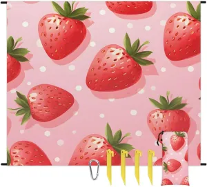 Beach Blanket, Fruits Sandproof Beach Mat, Waterproof Quick Drying Sand Free Mat with 4 x Ground Spikes for Outdoor Travel Camping Hiking, Strawberry 68 x 59 in