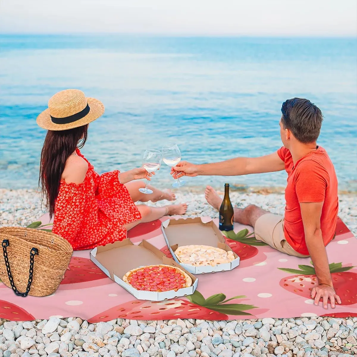 Beach Blanket, Fruits Sandproof Beach Mat, Waterproof Quick Drying Sand Free Mat with 4 x Ground Spikes for Outdoor Travel Camping Hiking, Strawberry 68 x 59 in