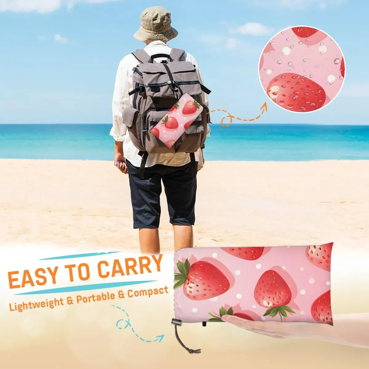 Beach Blanket, Fruits Sandproof Beach Mat, Waterproof Quick Drying Sand Free Mat with 4 x Ground Spikes for Outdoor Travel Camping Hiking, Strawberry 68 x 59 in