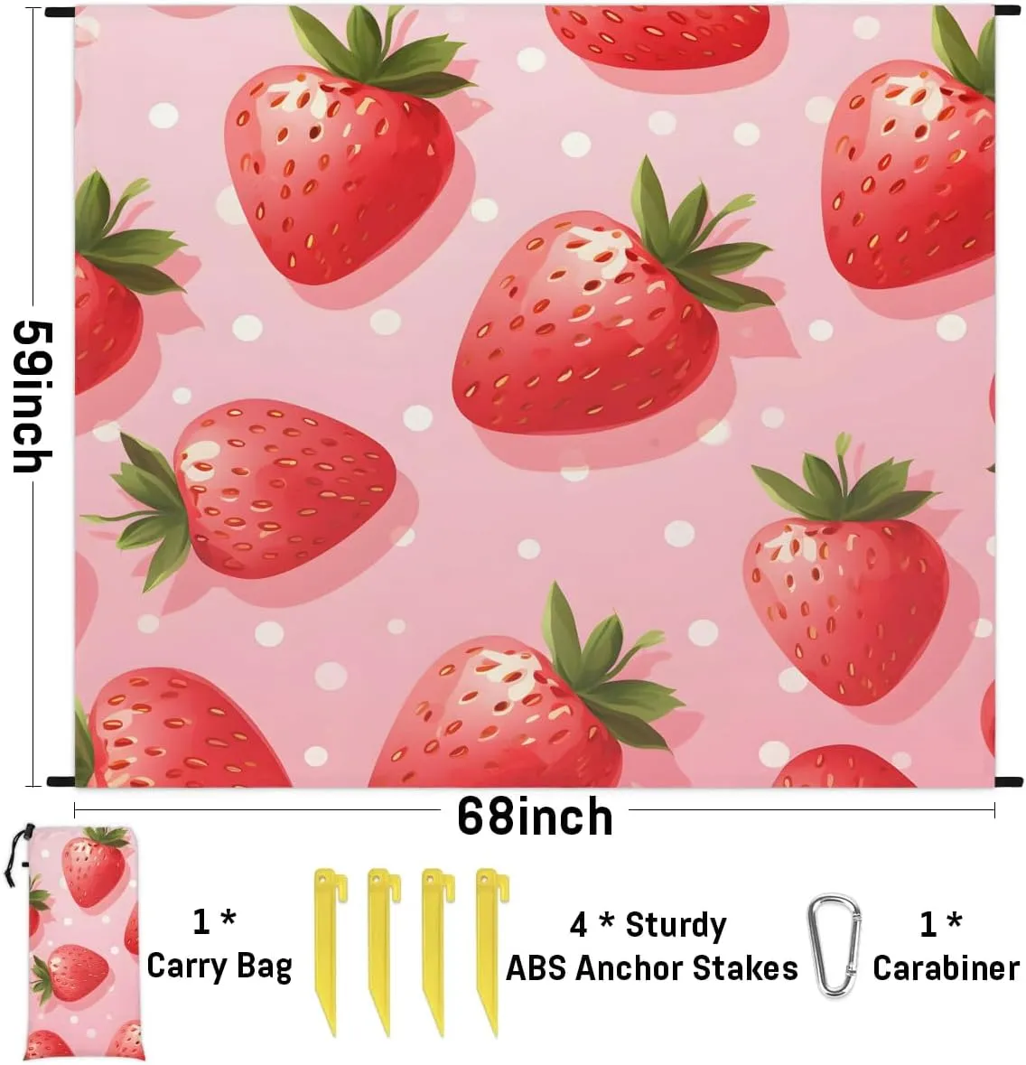 Beach Blanket, Fruits Sandproof Beach Mat, Waterproof Quick Drying Sand Free Mat with 4 x Ground Spikes for Outdoor Travel Camping Hiking, Strawberry 68 x 59 in