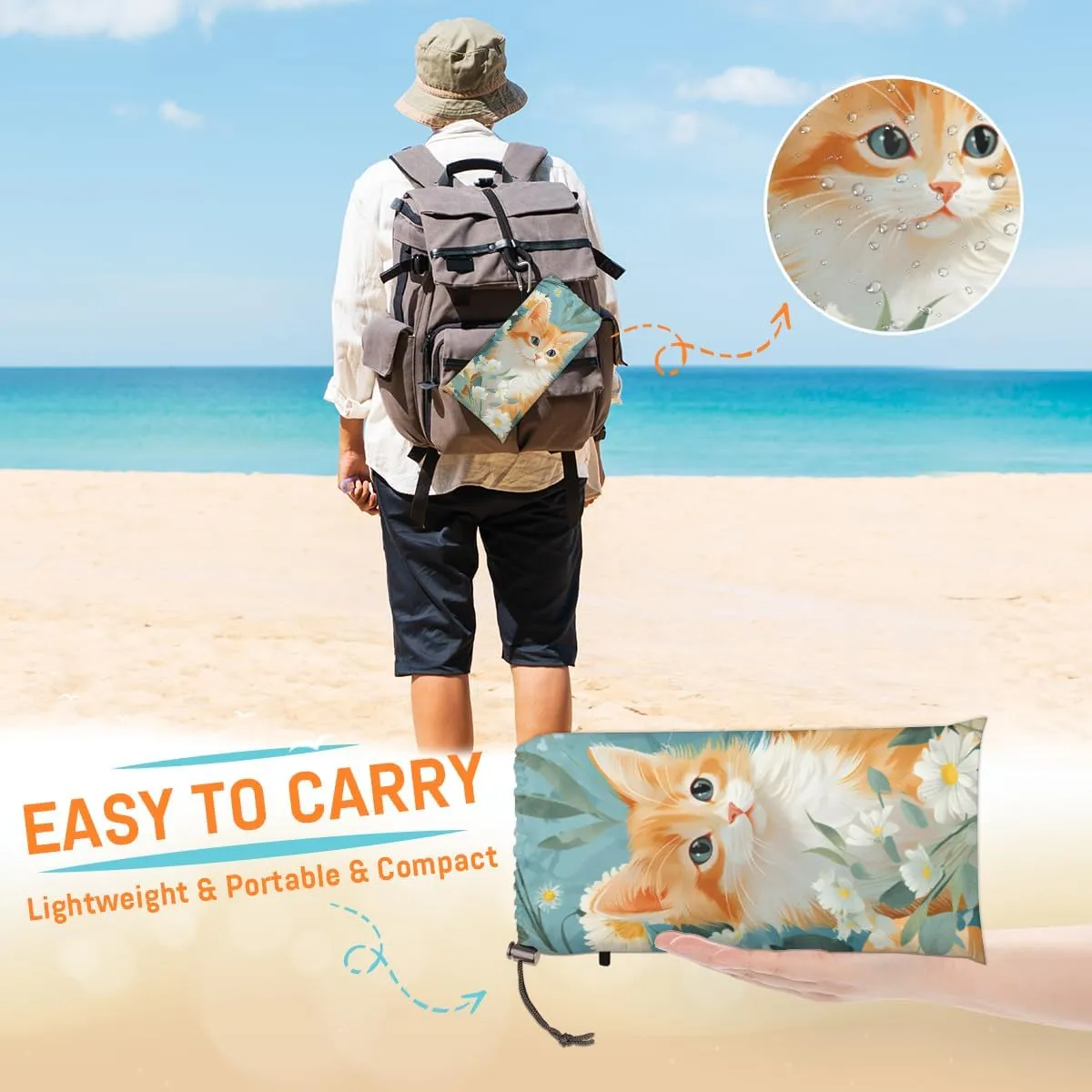 Beach Blanket, Funny Cat Sandproof Beach Mat, Waterproof Quick Drying Sand Free Mat with 4 x Ground Spikes for Outdoor Travel Camping Hiking, Daisy Flower 68 x 59 in