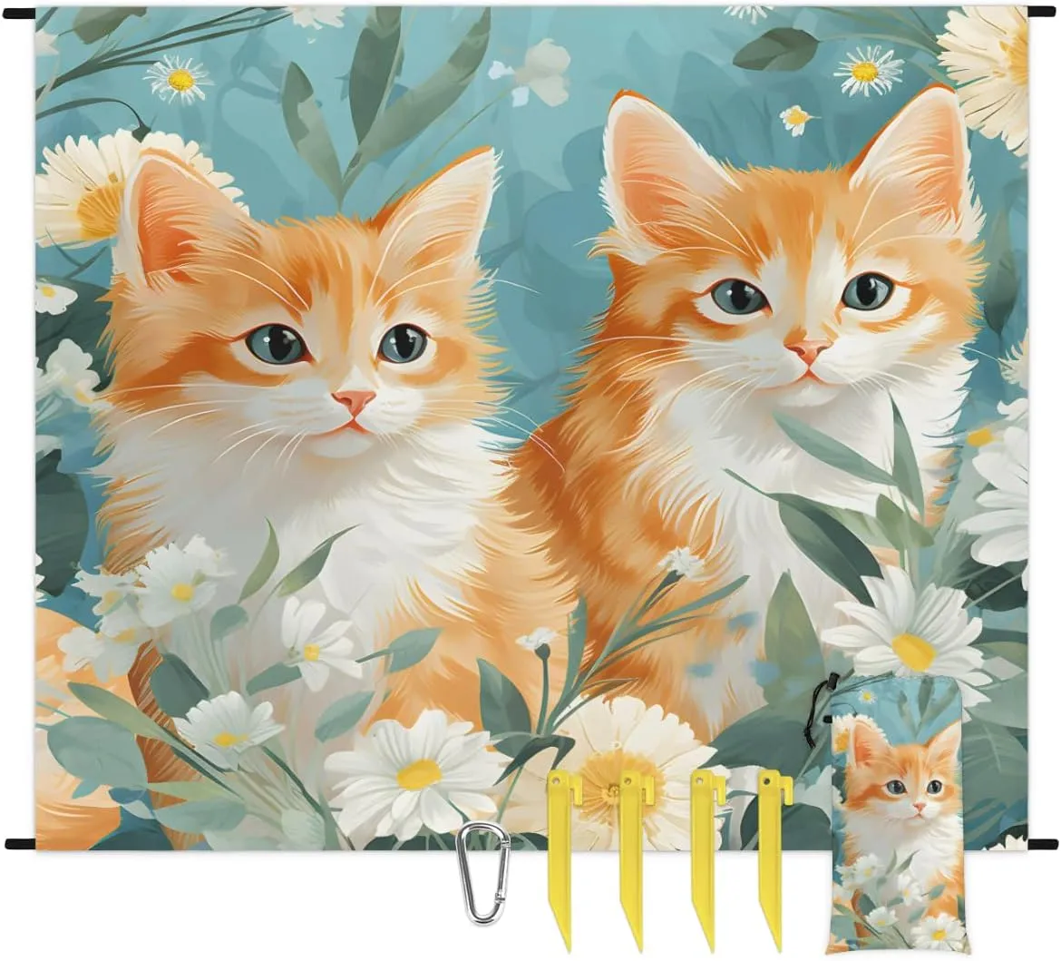 Beach Blanket, Funny Cat Sandproof Beach Mat, Waterproof Quick Drying Sand Free Mat with 4 x Ground Spikes for Outdoor Travel Camping Hiking, Daisy Flower 68 x 59 in