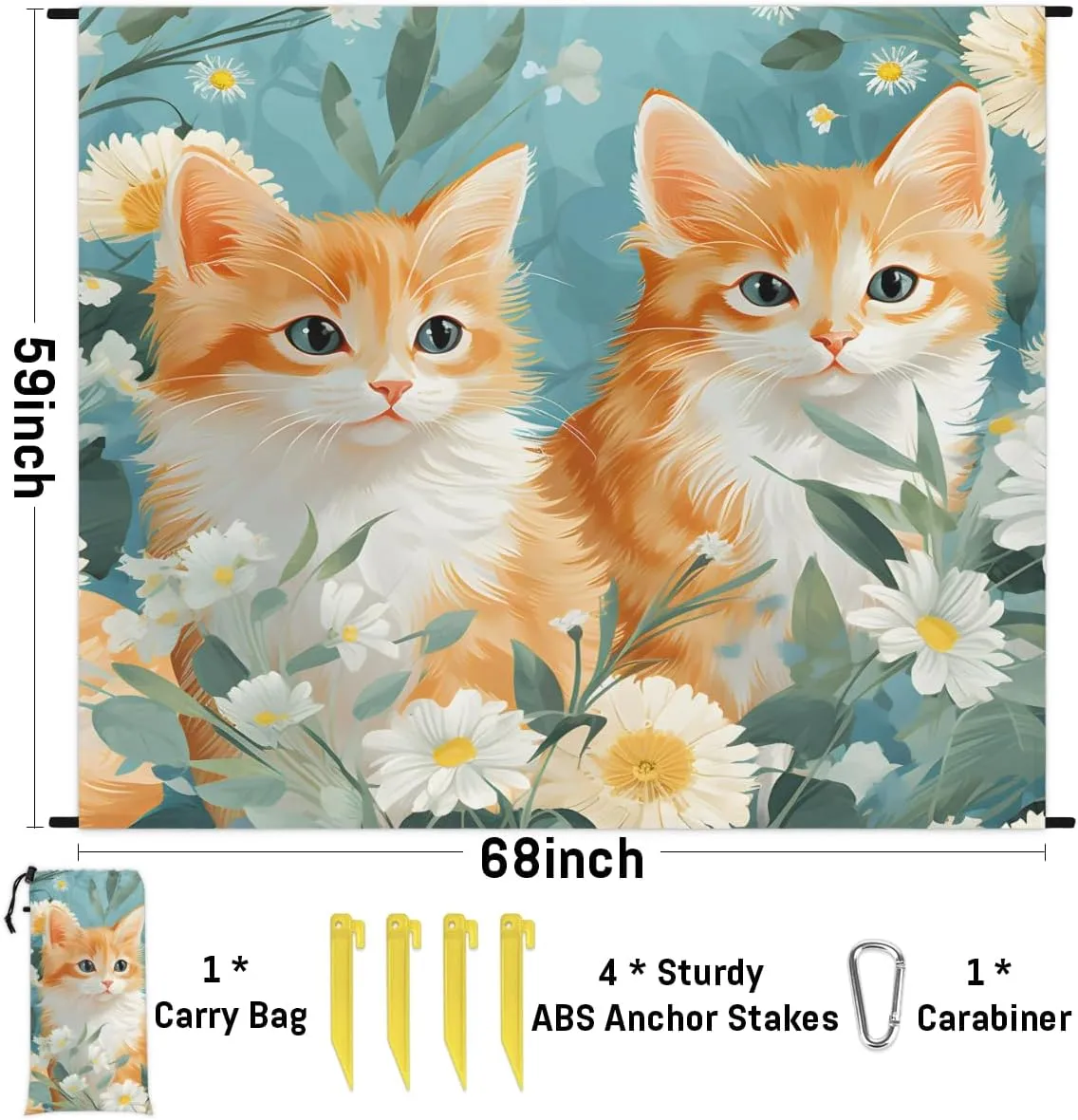 Beach Blanket, Funny Cat Sandproof Beach Mat, Waterproof Quick Drying Sand Free Mat with 4 x Ground Spikes for Outdoor Travel Camping Hiking, Daisy Flower 68 x 59 in