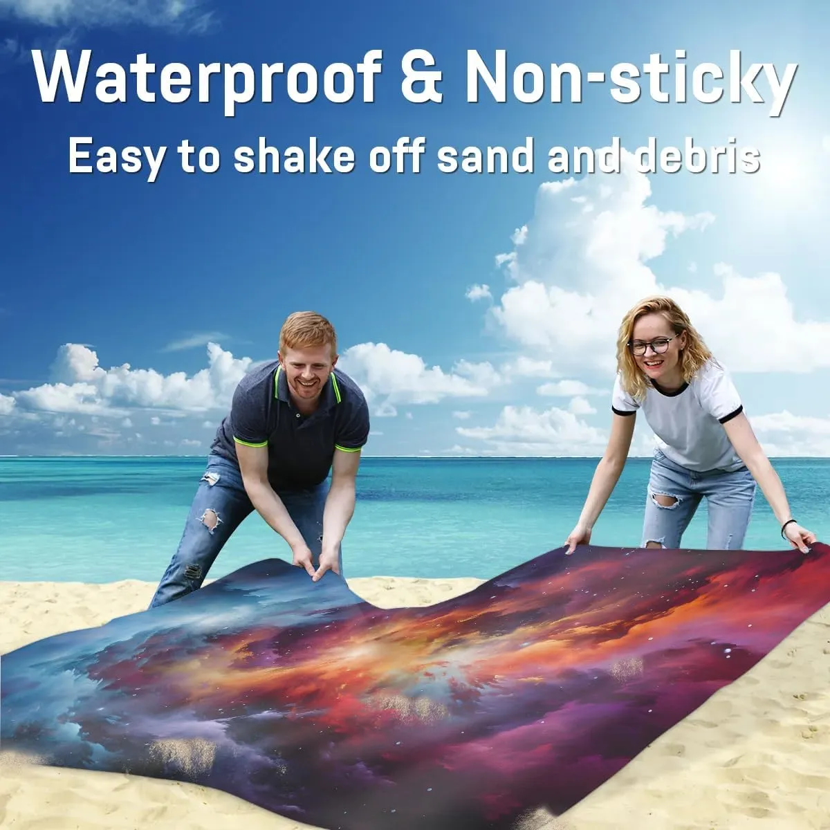 Beach Blanket, Galaxy Starry Sky Sandproof Beach Mat, Waterproof Quick Drying Sand Free Mat with 4 x Ground Spikes for Outdoor Travel Camping Hiking, Solar System 68 x 59 in