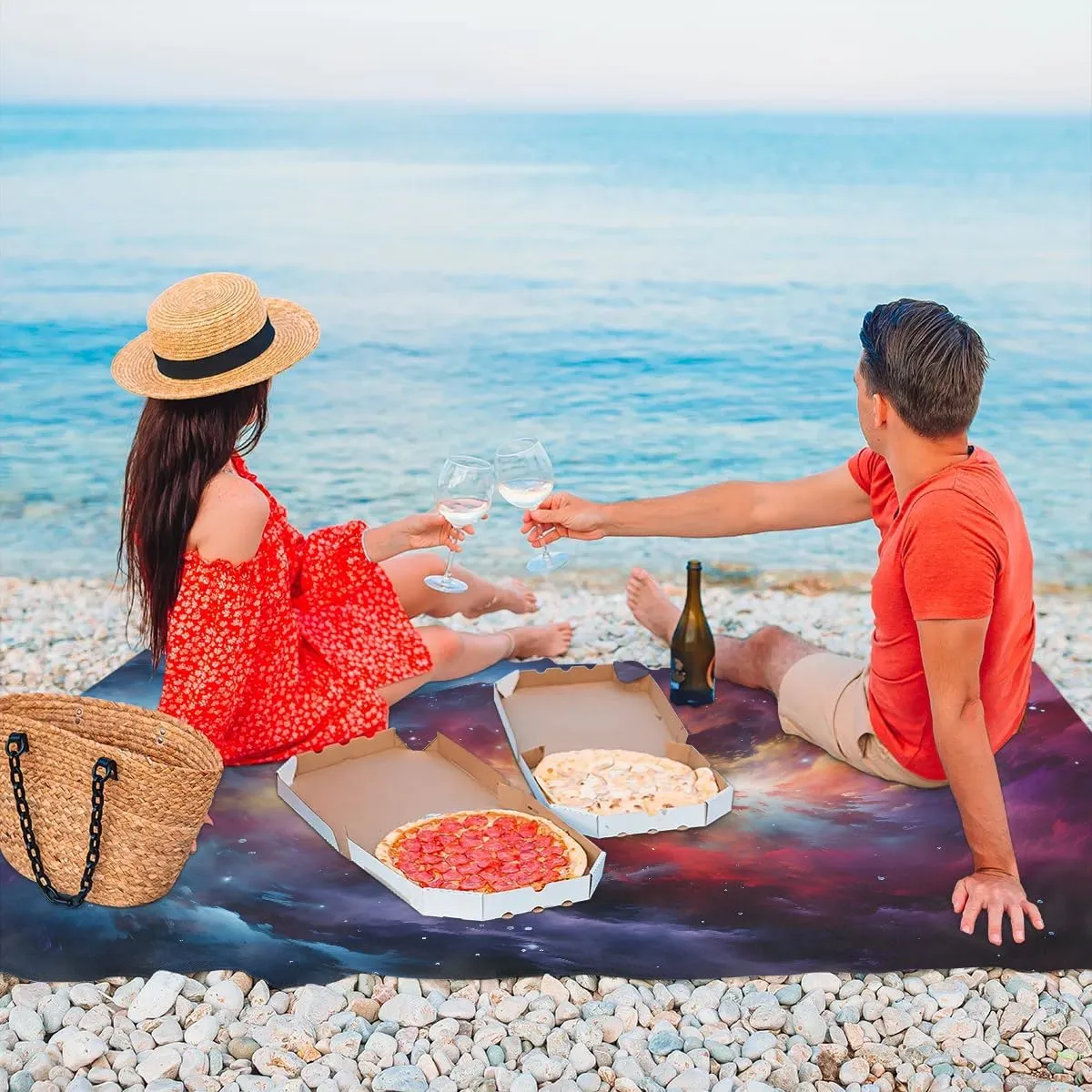 Beach Blanket, Galaxy Starry Sky Sandproof Beach Mat, Waterproof Quick Drying Sand Free Mat with 4 x Ground Spikes for Outdoor Travel Camping Hiking, Solar System 68 x 59 in