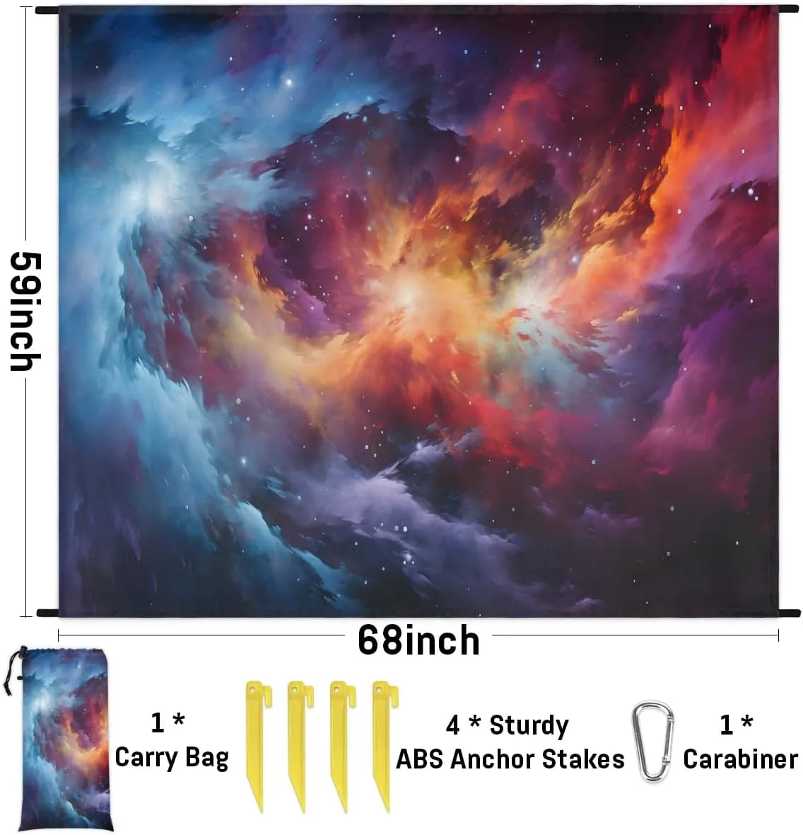 Beach Blanket, Galaxy Starry Sky Sandproof Beach Mat, Waterproof Quick Drying Sand Free Mat with 4 x Ground Spikes for Outdoor Travel Camping Hiking, Solar System 68 x 59 in