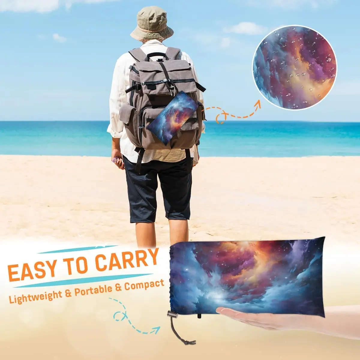 Beach Blanket, Galaxy Starry Sky Sandproof Beach Mat, Waterproof Quick Drying Sand Free Mat with 4 x Ground Spikes for Outdoor Travel Camping Hiking, Solar System 68 x 59 in