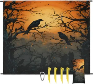 Beach Blanket, Halloween Primitive Style Sandproof Beach Mat, Waterproof Quick Drying Sand Free Mat with 4 x Ground Spikes for Outdoor Travel Camping Hiking, Crows 68 x 59 in