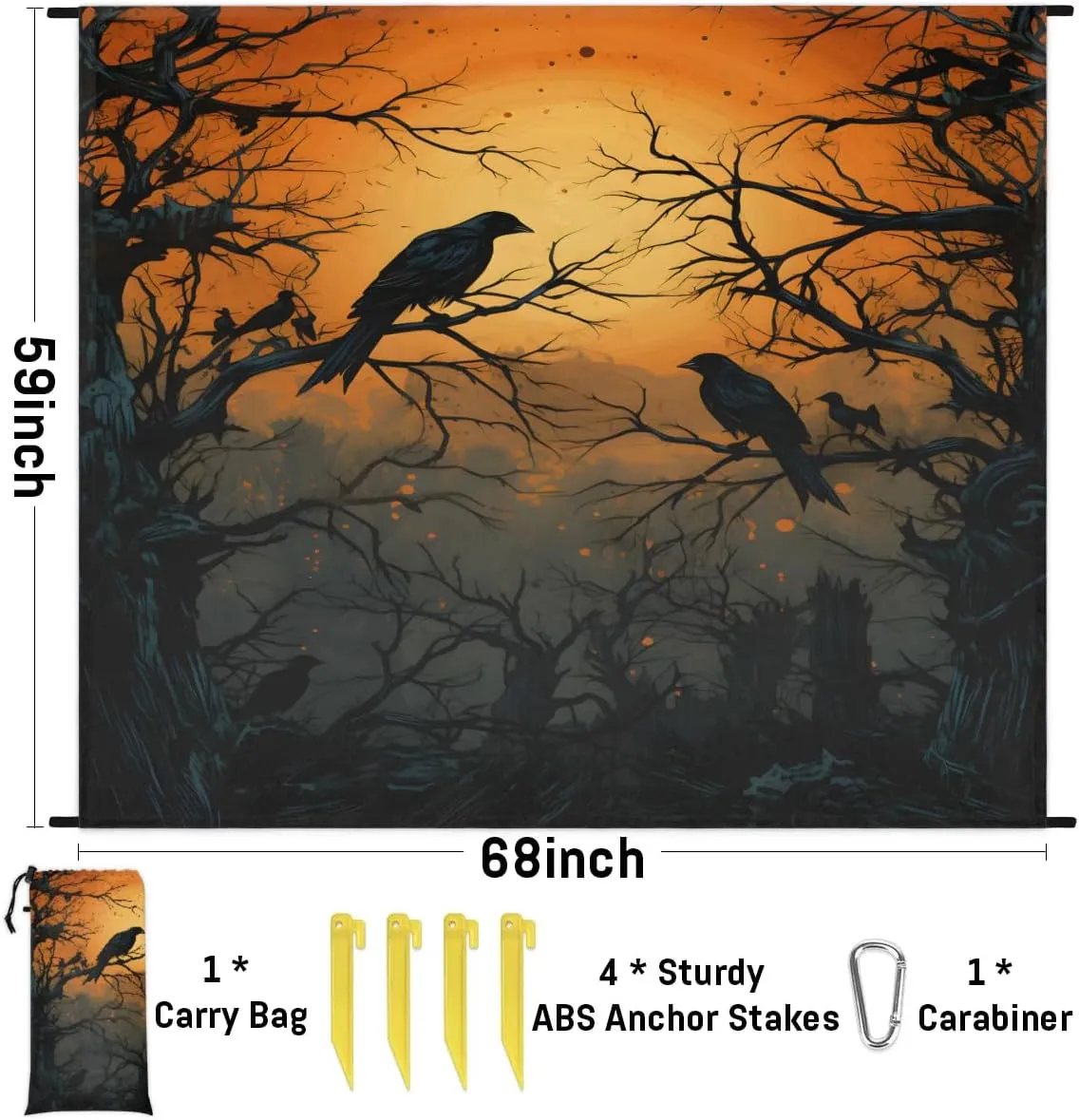 Beach Blanket, Halloween Primitive Style Sandproof Beach Mat, Waterproof Quick Drying Sand Free Mat with 4 x Ground Spikes for Outdoor Travel Camping Hiking, Crows 68 x 59 in