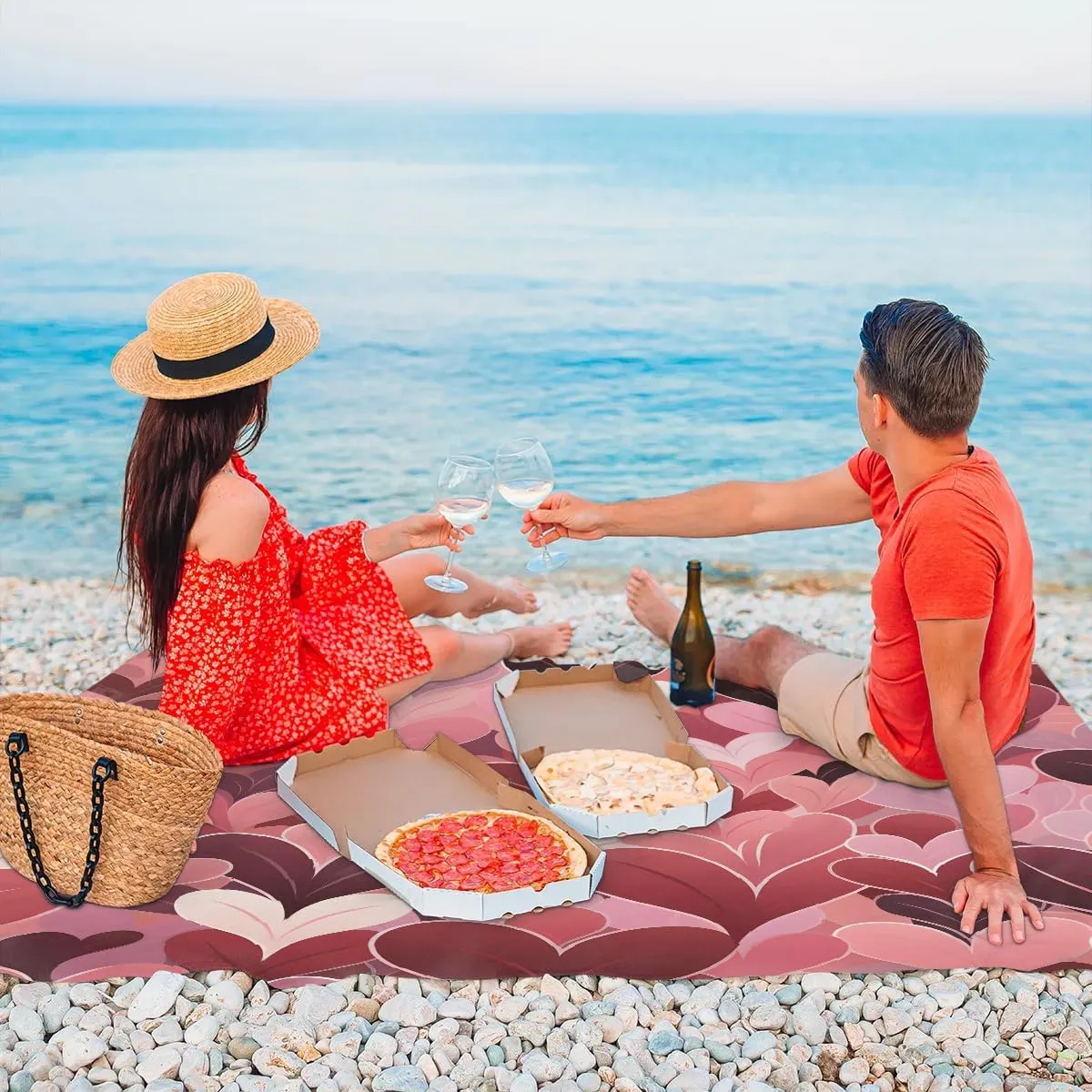 Beach Blanket, Heart Sandproof Beach Mat, Waterproof Quick Drying Sand Free Mat with 4 x Ground Spikes for Outdoor Travel Camping Hiking, Valentine's Day 68 x 59 in