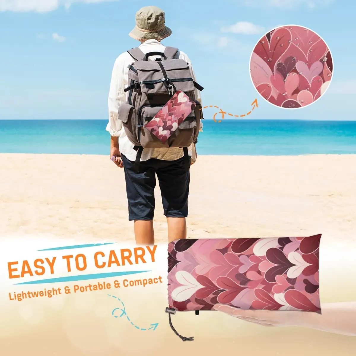 Beach Blanket, Heart Sandproof Beach Mat, Waterproof Quick Drying Sand Free Mat with 4 x Ground Spikes for Outdoor Travel Camping Hiking, Valentine's Day 68 x 59 in