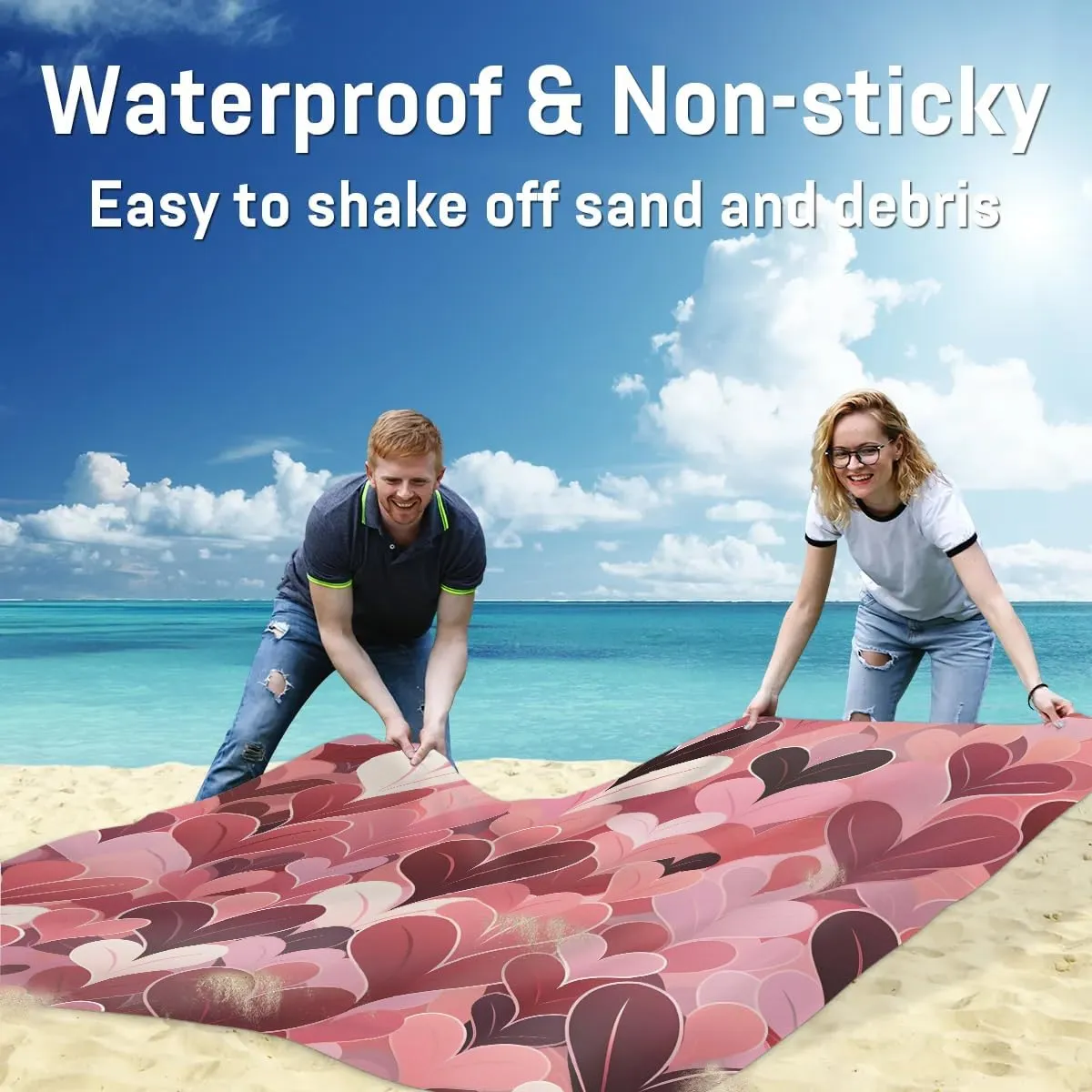 Beach Blanket, Heart Sandproof Beach Mat, Waterproof Quick Drying Sand Free Mat with 4 x Ground Spikes for Outdoor Travel Camping Hiking, Valentine's Day 68 x 59 in