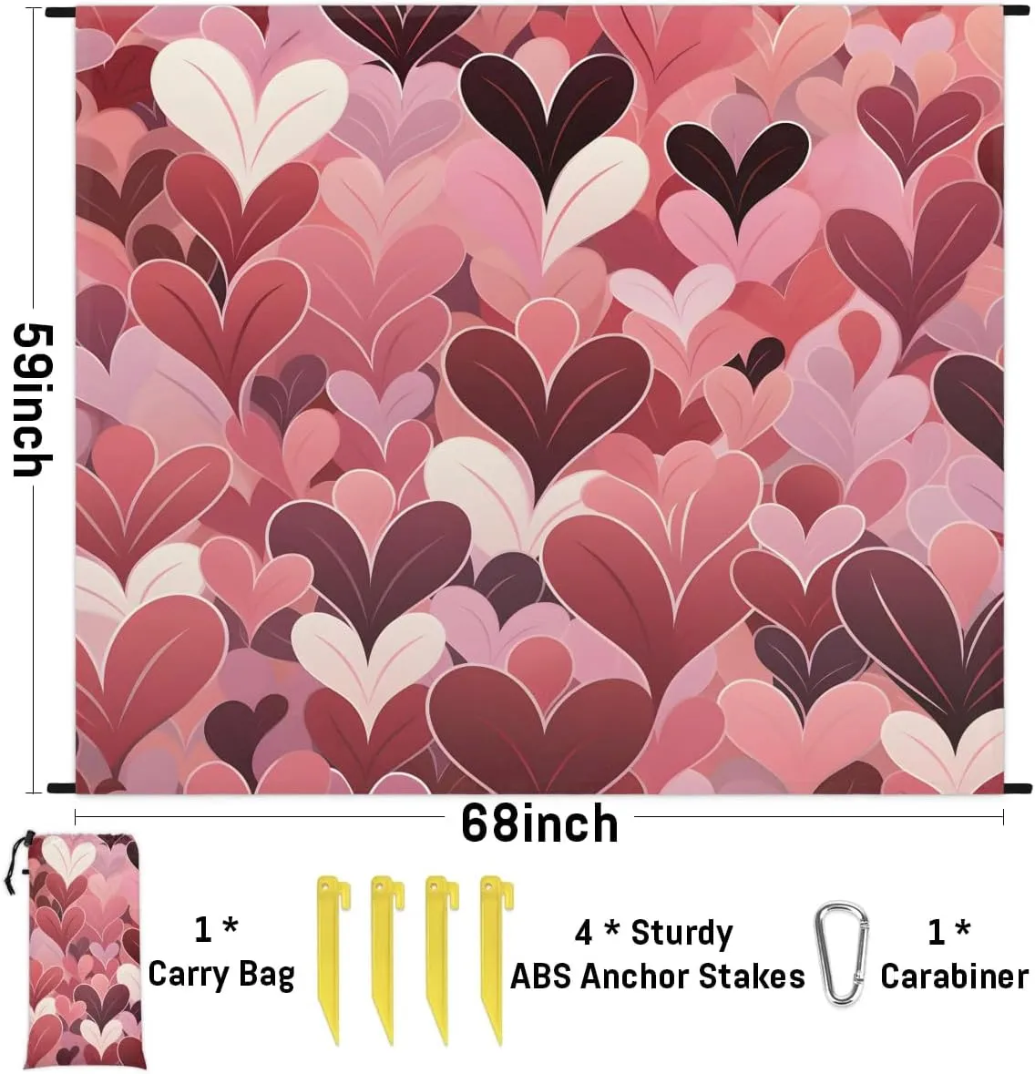 Beach Blanket, Heart Sandproof Beach Mat, Waterproof Quick Drying Sand Free Mat with 4 x Ground Spikes for Outdoor Travel Camping Hiking, Valentine's Day 68 x 59 in