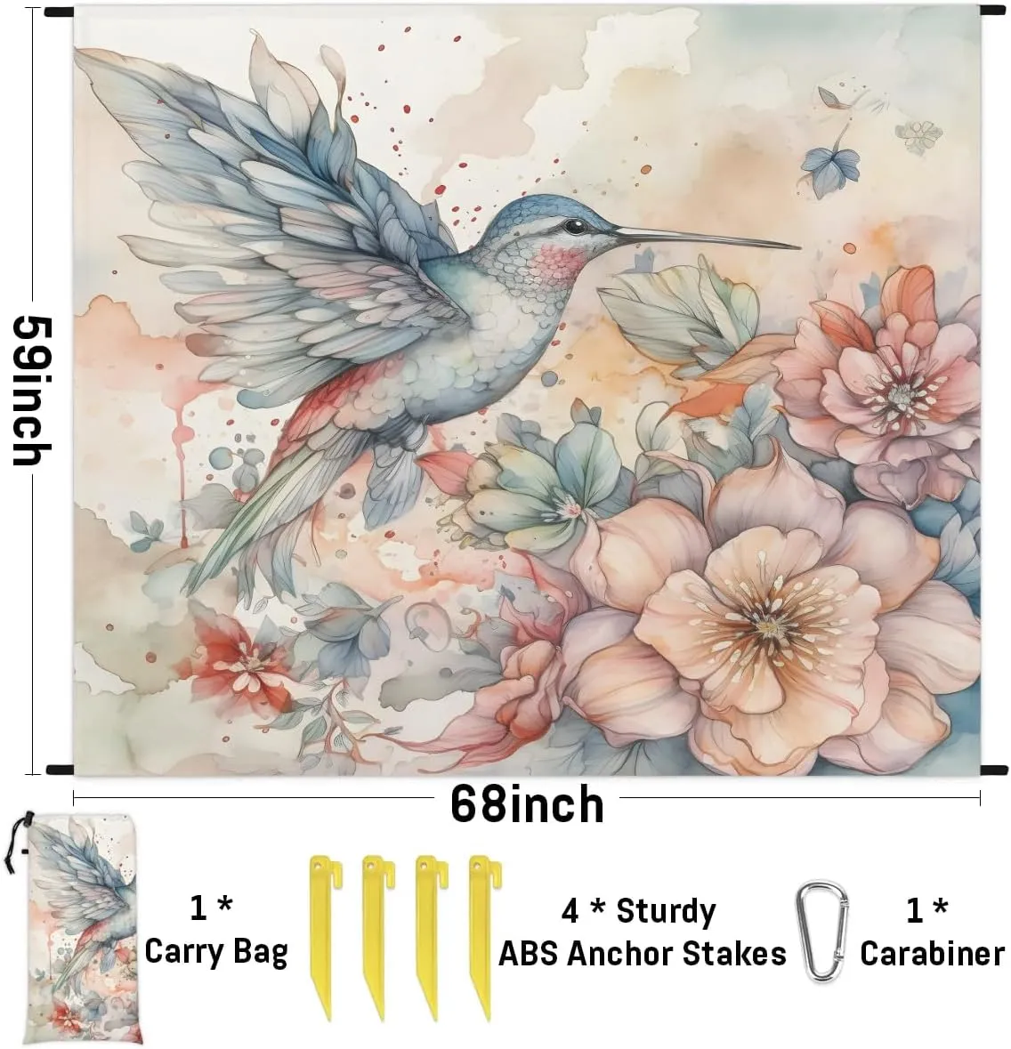 Beach Blanket, Hummingbird Sandproof Beach Mat, Waterproof Quick Drying Sand Free Mat with 4 x Ground Spikes for Outdoor Travel Camping Hiking, Spring Flowers 68 x 59 in